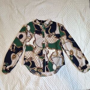 Stylish Patterned Blouse with Buttons - Green, White, Black